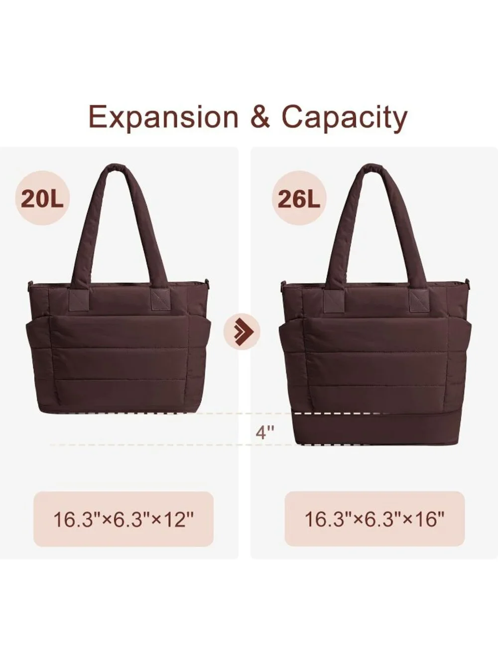 👜Women Large Coffee Quilted Puffer Tote Bag Lightweight Work For Travel Handbag